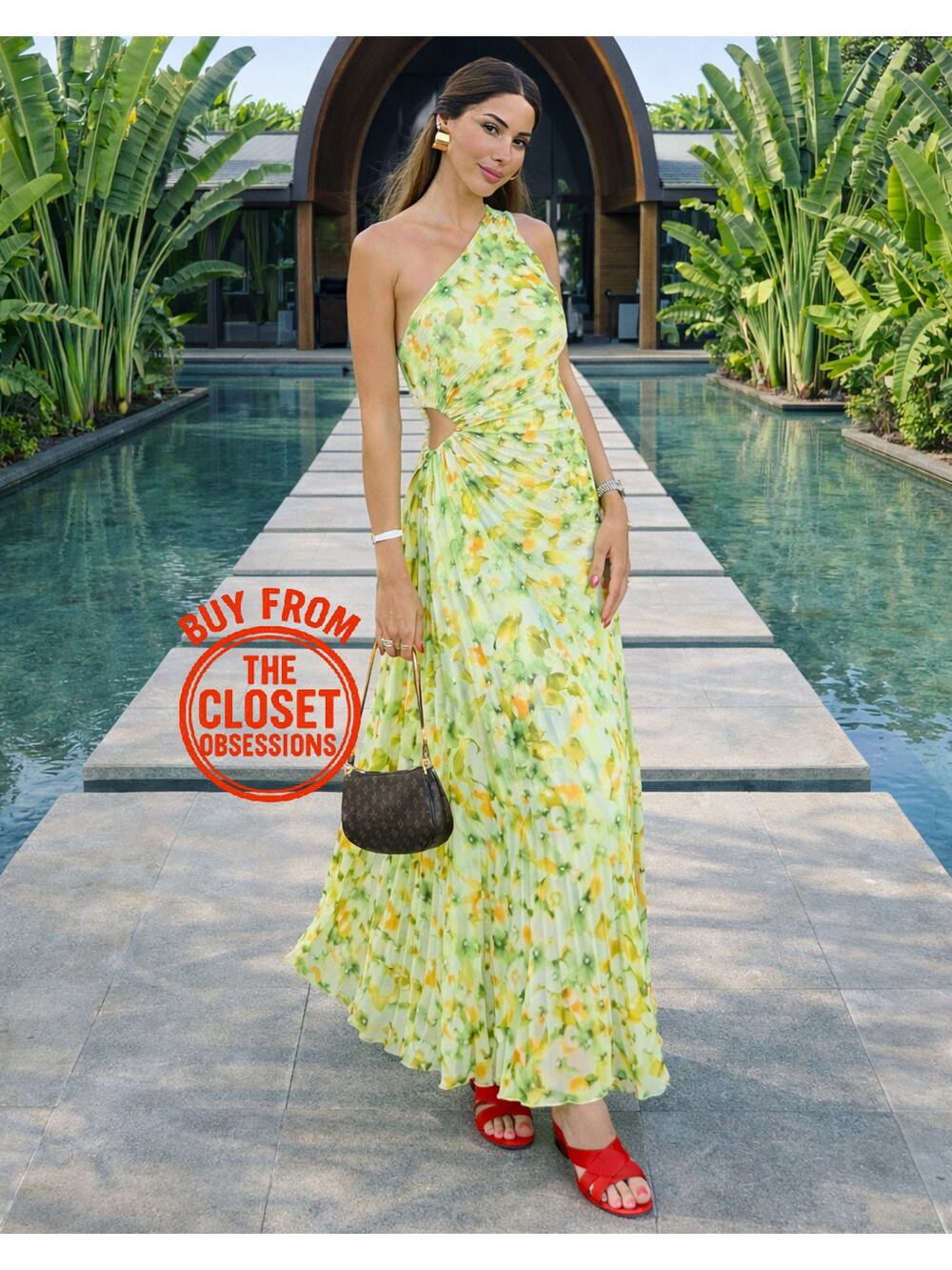 MANGO One Shoulder Floral Pleated Midi Dress NWT Wedding Guest Resort
